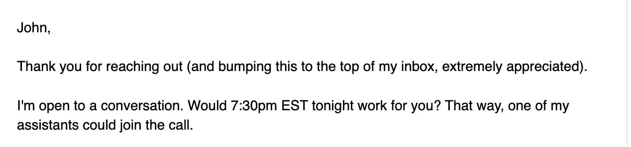 Coach reply: open to a conversation, asking to talk at 7:30pm EST